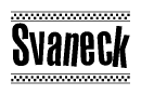 The image is a black and white clipart of the text Svaneck in a bold, italicized font. The text is bordered by a dotted line on the top and bottom, and there are checkered flags positioned at both ends of the text, usually associated with racing or finishing lines.