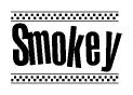 The clipart image displays the text Smokey in a bold, stylized font. It is enclosed in a rectangular border with a checkerboard pattern running below and above the text, similar to a finish line in racing. 