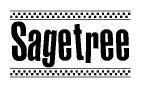 The image contains the text Sagetree in a bold, stylized font, with a checkered flag pattern bordering the top and bottom of the text.