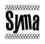 The clipart image displays the text Syma in a bold, stylized font. It is enclosed in a rectangular border with a checkerboard pattern running below and above the text, similar to a finish line in racing. 