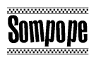 The image is a black and white clipart of the text Sompope in a bold, italicized font. The text is bordered by a dotted line on the top and bottom, and there are checkered flags positioned at both ends of the text, usually associated with racing or finishing lines.