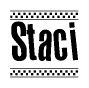 The clipart image displays the text Staci in a bold, stylized font. It is enclosed in a rectangular border with a checkerboard pattern running below and above the text, similar to a finish line in racing. 
