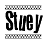 The clipart image displays the text Stuey in a bold, stylized font. It is enclosed in a rectangular border with a checkerboard pattern running below and above the text, similar to a finish line in racing. 
