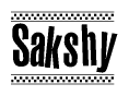 The clipart image displays the text Sakshy in a bold, stylized font. It is enclosed in a rectangular border with a checkerboard pattern running below and above the text, similar to a finish line in racing. 