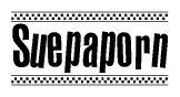 The image is a black and white clipart of the text Suepaporn in a bold, italicized font. The text is bordered by a dotted line on the top and bottom, and there are checkered flags positioned at both ends of the text, usually associated with racing or finishing lines.