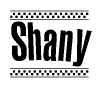 The image contains the text Shany in a bold, stylized font, with a checkered flag pattern bordering the top and bottom of the text.