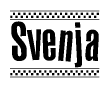 The image is a black and white clipart of the text Svenja in a bold, italicized font. The text is bordered by a dotted line on the top and bottom, and there are checkered flags positioned at both ends of the text, usually associated with racing or finishing lines.