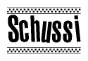 The image contains the text Schussi in a bold, stylized font, with a checkered flag pattern bordering the top and bottom of the text.