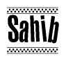 The clipart image displays the text Sahib in a bold, stylized font. It is enclosed in a rectangular border with a checkerboard pattern running below and above the text, similar to a finish line in racing. 