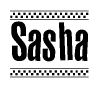 The clipart image displays the text Sasha in a bold, stylized font. It is enclosed in a rectangular border with a checkerboard pattern running below and above the text, similar to a finish line in racing. 