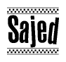 The image is a black and white clipart of the text Sajed in a bold, italicized font. The text is bordered by a dotted line on the top and bottom, and there are checkered flags positioned at both ends of the text, usually associated with racing or finishing lines.