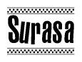 The image is a black and white clipart of the text Surasa in a bold, italicized font. The text is bordered by a dotted line on the top and bottom, and there are checkered flags positioned at both ends of the text, usually associated with racing or finishing lines.