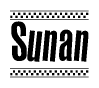 The image is a black and white clipart of the text Sunan in a bold, italicized font. The text is bordered by a dotted line on the top and bottom, and there are checkered flags positioned at both ends of the text, usually associated with racing or finishing lines.