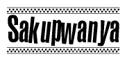 The image contains the text Sakupwanya in a bold, stylized font, with a checkered flag pattern bordering the top and bottom of the text.