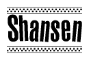 The image contains the text Shansen in a bold, stylized font, with a checkered flag pattern bordering the top and bottom of the text.