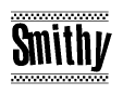 The clipart image displays the text Smithy in a bold, stylized font. It is enclosed in a rectangular border with a checkerboard pattern running below and above the text, similar to a finish line in racing. 