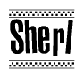 The clipart image displays the text Sherl in a bold, stylized font. It is enclosed in a rectangular border with a checkerboard pattern running below and above the text, similar to a finish line in racing. 