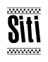 The image contains the text Siti in a bold, stylized font, with a checkered flag pattern bordering the top and bottom of the text.