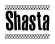 The image is a black and white clipart of the text Shasta in a bold, italicized font. The text is bordered by a dotted line on the top and bottom, and there are checkered flags positioned at both ends of the text, usually associated with racing or finishing lines.