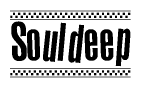 The clipart image displays the text Souldeep in a bold, stylized font. It is enclosed in a rectangular border with a checkerboard pattern running below and above the text, similar to a finish line in racing. 