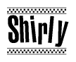 The image contains the text Shirly in a bold, stylized font, with a checkered flag pattern bordering the top and bottom of the text.