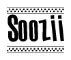 The image contains the text Soozii in a bold, stylized font, with a checkered flag pattern bordering the top and bottom of the text.