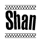 The image contains the text Shan in a bold, stylized font, with a checkered flag pattern bordering the top and bottom of the text.