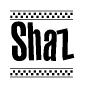 The clipart image displays the text Shaz in a bold, stylized font. It is enclosed in a rectangular border with a checkerboard pattern running below and above the text, similar to a finish line in racing. 