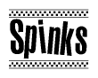 The image contains the text Spinks in a bold, stylized font, with a checkered flag pattern bordering the top and bottom of the text.