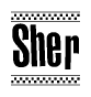 The image contains the text Sher in a bold, stylized font, with a checkered flag pattern bordering the top and bottom of the text.