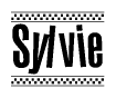 The image is a black and white clipart of the text Sylvie in a bold, italicized font. The text is bordered by a dotted line on the top and bottom, and there are checkered flags positioned at both ends of the text, usually associated with racing or finishing lines.