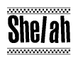 The clipart image displays the text Shelah in a bold, stylized font. It is enclosed in a rectangular border with a checkerboard pattern running below and above the text, similar to a finish line in racing. 