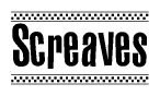 The image is a black and white clipart of the text Screaves in a bold, italicized font. The text is bordered by a dotted line on the top and bottom, and there are checkered flags positioned at both ends of the text, usually associated with racing or finishing lines.