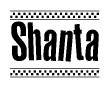 The clipart image displays the text Shanta in a bold, stylized font. It is enclosed in a rectangular border with a checkerboard pattern running below and above the text, similar to a finish line in racing. 