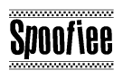The image is a black and white clipart of the text Spoofiee in a bold, italicized font. The text is bordered by a dotted line on the top and bottom, and there are checkered flags positioned at both ends of the text, usually associated with racing or finishing lines.