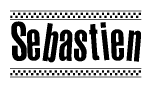 The image is a black and white clipart of the text Sebastien in a bold, italicized font. The text is bordered by a dotted line on the top and bottom, and there are checkered flags positioned at both ends of the text, usually associated with racing or finishing lines.