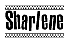 The clipart image displays the text Sharlene in a bold, stylized font. It is enclosed in a rectangular border with a checkerboard pattern running below and above the text, similar to a finish line in racing. 