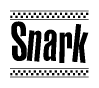 The image is a black and white clipart of the text Snark in a bold, italicized font. The text is bordered by a dotted line on the top and bottom, and there are checkered flags positioned at both ends of the text, usually associated with racing or finishing lines.
