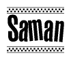 The clipart image displays the text Saman in a bold, stylized font. It is enclosed in a rectangular border with a checkerboard pattern running below and above the text, similar to a finish line in racing. 