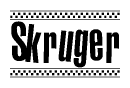 The image is a black and white clipart of the text Skruger in a bold, italicized font. The text is bordered by a dotted line on the top and bottom, and there are checkered flags positioned at both ends of the text, usually associated with racing or finishing lines.