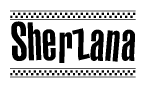 The clipart image displays the text Sherzana in a bold, stylized font. It is enclosed in a rectangular border with a checkerboard pattern running below and above the text, similar to a finish line in racing. 