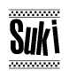 The image is a black and white clipart of the text Suki in a bold, italicized font. The text is bordered by a dotted line on the top and bottom, and there are checkered flags positioned at both ends of the text, usually associated with racing or finishing lines.