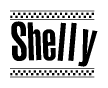 The image is a black and white clipart of the text Shelly in a bold, italicized font. The text is bordered by a dotted line on the top and bottom, and there are checkered flags positioned at both ends of the text, usually associated with racing or finishing lines.