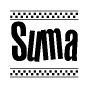 The image contains the text Suma in a bold, stylized font, with a checkered flag pattern bordering the top and bottom of the text.