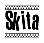 The image is a black and white clipart of the text Skita in a bold, italicized font. The text is bordered by a dotted line on the top and bottom, and there are checkered flags positioned at both ends of the text, usually associated with racing or finishing lines.