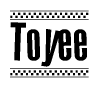 The clipart image displays the text Toyee in a bold, stylized font. It is enclosed in a rectangular border with a checkerboard pattern running below and above the text, similar to a finish line in racing. 