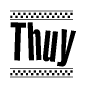   The image is a black and white clipart of the text Thuy in a bold, italicized font. The text is bordered by a dotted line on the top and bottom, and there are checkered flags positioned at both ends of the text, usually associated with racing or finishing lines. 