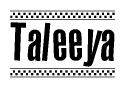 The image contains the text Taleeya in a bold, stylized font, with a checkered flag pattern bordering the top and bottom of the text.