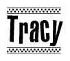 The image is a black and white clipart of the text Tracy in a bold, italicized font. The text is bordered by a dotted line on the top and bottom, and there are checkered flags positioned at both ends of the text, usually associated with racing or finishing lines.