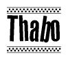 The image contains the text Thabo in a bold, stylized font, with a checkered flag pattern bordering the top and bottom of the text.